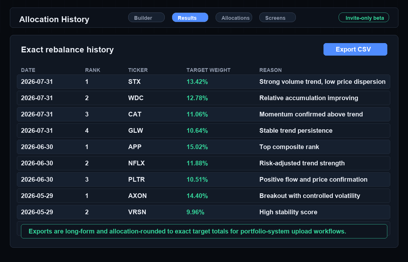 Rebalance history table with export button