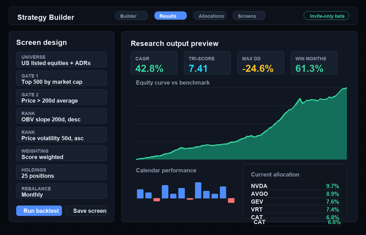 Strategy builder with screening rules and output preview